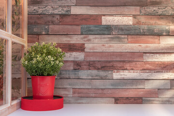 Wall Mural - Panorama de fond d'un mur en planches en bois pour création d'arrière plan. Jeu d'ombre et de lumière du soleil à travers un store.