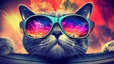 Fototapeta  - Playful American Shorthair Cat in Sporty Wraparound Sunglasses Bouncing on a Trampoline in Sunny Backyard