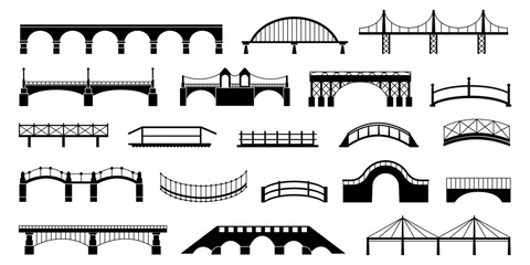 Sticker - Black bridges silhouettes. Isolated bridge icons, urban architecture constructions elements. Transportation and city logistic, decent vector set