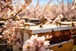A vibrant image capturing a busy hive of bees constructing their hive and going about their tasks, Organic bees swarming their hive in a blossoming orchard, AI Generated