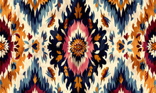 Ikat Border Geometric Ethnic Oriental Pattern Traditional On Black Background.folklore Tribal Vector Illustration.Aztec Style Beautiful Embroidery.ancient Art Of Arabesque,kente Cloth,interior,carpet.