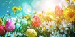 Easter celebration: colorful painted eggs among blooming flowers on a sunny spring day, ideal for holiday greetings and decorations