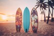 Surfboards palm patterns on the beach with palm trees and sunset sky background. Surfboards on the beach. Vacation Concept with Copy Space.