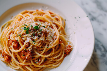 Wall Mural - food ad, spaghetti with sauce. Italian dish, cuisine. European minimalistic food. copy space. wooden table. ad or commercial for a restaurant or cafe menu