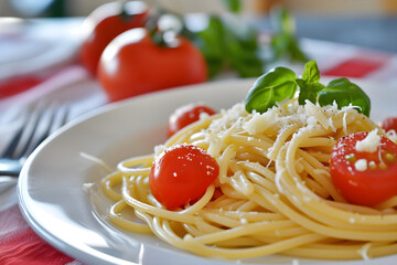 Wall Mural - food ad, spaghetti with sauce. Italian dish, cuisine. European minimalistic food. copy space. wooden table. ad or commercial for a restaurant or cafe menu