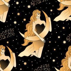 Wall Mural - Beautiful Woman With a Moon Magic Celestial Golden Seamless Pattern Background.