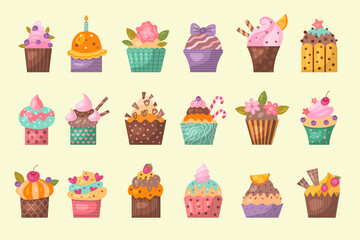 Wall Mural - Cupcakes. Tasty bakery dessert recent vector illustrations of different muffins
