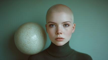 Buzz cut shaved head of woman wearing a turtleneck with a round sphere object on her shoulder posing against a clean green wall, studio photography