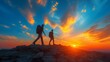 © DesignVectX - Silhouetted Hikers at Sunset on Mountain Summit