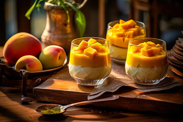 Wall Mural - Savor the sweetness of Mango Pudding elegantly presented on a wooden table. An enticing image for culinary projects and dessert themed designs.