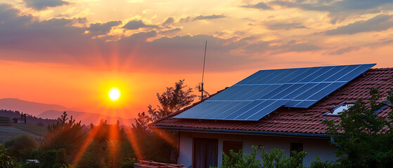 Wall Mural - a solar panel on the roof of a house at sunset