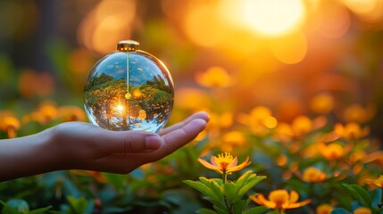 Canvas Print - A person holding a glass ball in their hand with flowers, AI