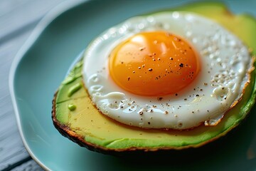 Wall Mural - A creative shot of a fried egg on a slice of avocado, creating a vibrant contrast Avocado with fried sunny side up egg