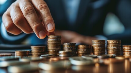 Sticker - A man is placing coins on a stack of money, AI