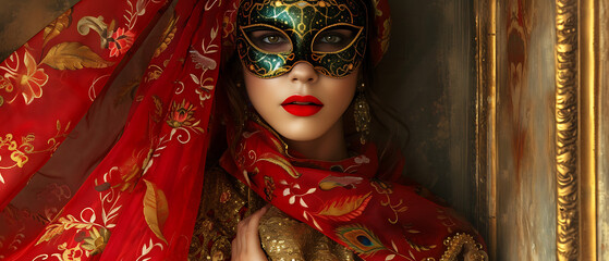 Wall Mural - a woman wearing a mask and a red and gold dress with a red and gold scarf around her neck