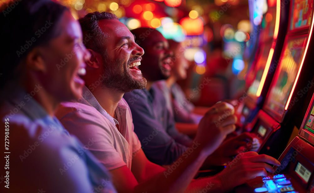 Joyful Gamblers Amidst the Glowing Machines. Slot Machine Frenzy. Excited Players.