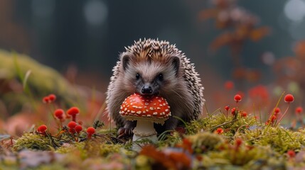 Canvas Print - a hedgehog with a mushroom in its mouth on a mossy ground with red berries in the foreground.