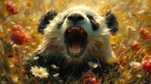 A Painting Of A Panda Bear Yawning In A Field Of Wildflowers With Its Mouth Wide Open.