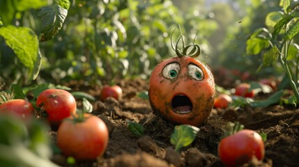 Canvas Print - A tomato with a face in the middle of some plants, AI