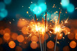 Holiday background with beautiful Glittering burning sparkler on blurred bokeh background. Summer festival Natsumatsuri, Chinese New Year. Happy Birthday and Merry Christmas