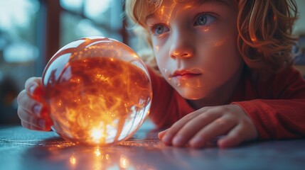 Sticker - a close up of a child looking at a ball of fire on a table with a light shining on it.