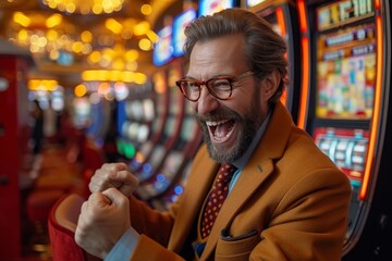 Wall Mural - A sharply dressed man gleefully revels in his luck at the slot machine, his face beaming with a wide smile and framed by a pair of stylish glasses