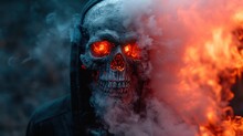 A Skull With Glowing Red Eyes And A Hooded Jacket With A Hood On Is Smoking A Cigarette In Front Of A Dark Background.