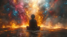 A Person Sitting In The Middle Body Of Water In Front Multicolored Explosion Of Smoke.