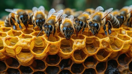 Wall Mural - a group of bees sitting on top of a beehive filled with lots of yellow and brown honey cells.