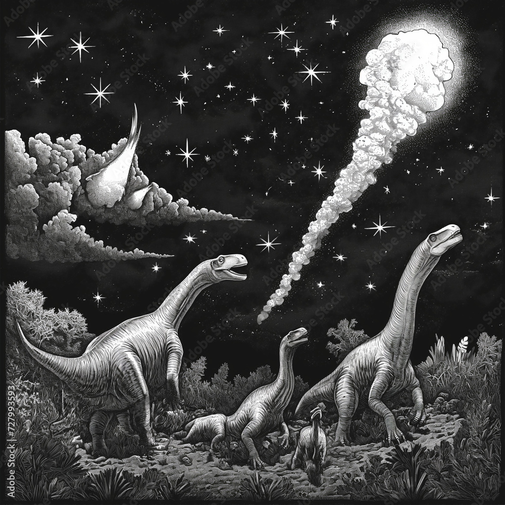 black and white illustration of 3 peaceful and quiet Brontosaurus ...