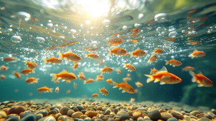 a large group of goldfish swimming in an aquarium with sunlight shining through 's bubbles on surface.