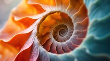 A Close Up View Of An Orange And Blue Sea Shell With A Spiral Design On The Center Of The Shell.