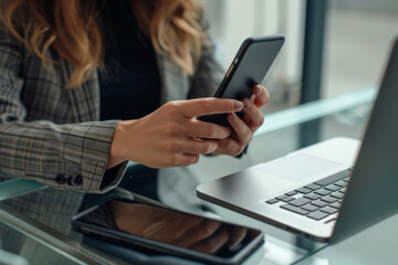 Poster - A woman is using a cell phone next to a laptop