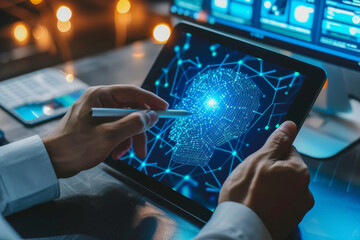 Poster - A person holding a tablet with a drawing of a brain on it