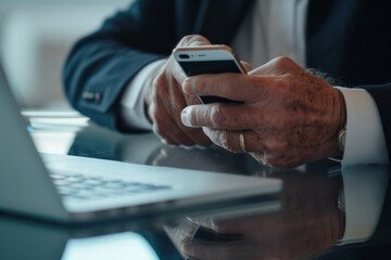 Poster - A man in a suit is using a cell phone