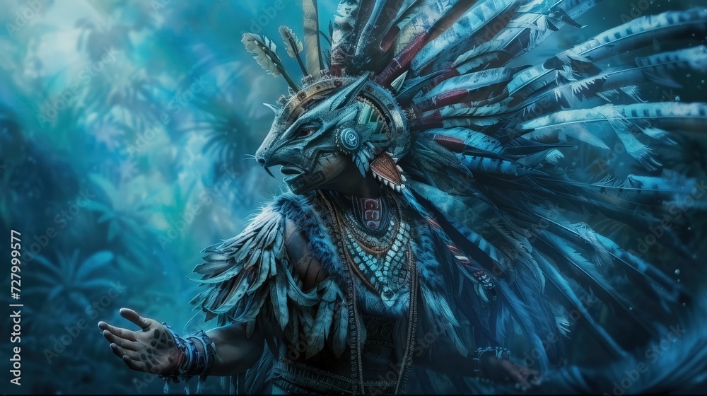 A vibrant depiction of an Aztec god is presented in a stylized portrait ...