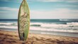 Surfboard on the beach. Filtered image processed vintage effect. Surfboards on the beach. Vacation and Travel Concept with Copy Space.