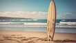 Surfboard on the beach in sunny day. Vintage filter. Surfboards on the beach. Vacation and Travel Concept with Copy Space.