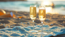 Two Glasses Of Champagne On A Cloth At The Sandy Beach With The Sea In The Background, Reflecting The Sun