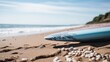 Surfboard on the beach. Selective focus on surfboard. Surfboards on the beach. Vacation and Travel Concept with Copy Space.