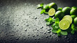 frische grüne Minze und saftige Limetten auf einem schwarzer Hintergrund voller kühler Wasser Tropfen, Zitrus und  aromatische Pfefferminz als Zutat gesunder Ernährung, Essen, Diät, Wohlbefinden
