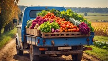 Old Truck With An Autumn Harvest Of Vegetables And Herbs On A Plantation - A Harvest Festival, A Roadside Market Selling Natural Eco-friendly Farm Products