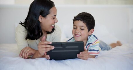 Poster - Tablet, happy and child with mother on bed watching video, movie or show on the internet. Smile, bonding and boy kid with young mom streaming film on digital technology in bedroom at family home.