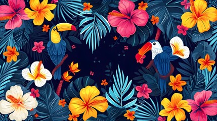 Tropical rainforest bright color seamless pattern background with colorful birds and flowers