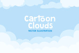 Fototapeta Do pokoju - Blue Clouds Cartoon Background. Vector sky design illustration. Abstract flat art with white cloudy shapes. Summer Wallpaper, Nature Scene, Sunny Day Graphic for Web, Game, Artistic Template