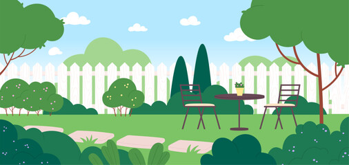 Backyard landscape. Private garden with chairs and table. Bbq place, rest and recreation at home. Wooden fence protection, racy vector illustration