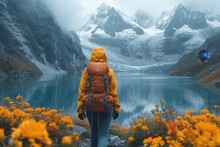 A Lone Hiker Braves The Misty Mountainside, Surrounded By Blooming Yellow Flowers And The Serene Reflection Of A Crystal Lake