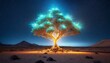 © andrew - tree of life, a symbol of hope things will get better in the world, in the Middle Eastern desert at night with glowing peaceful, serene moonlight foliage. mental, physical, spiritual health