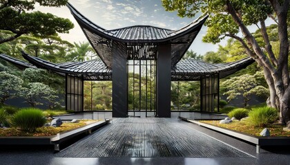 Black concept image of modern architecture in the style of old oriental, asian and Japanese buildings surrounded by traditional Japanese garden with trees, sakura, blossom, concrete path and wood