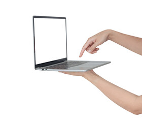 Hand holding computer laptop with blank screen isolated on white background.